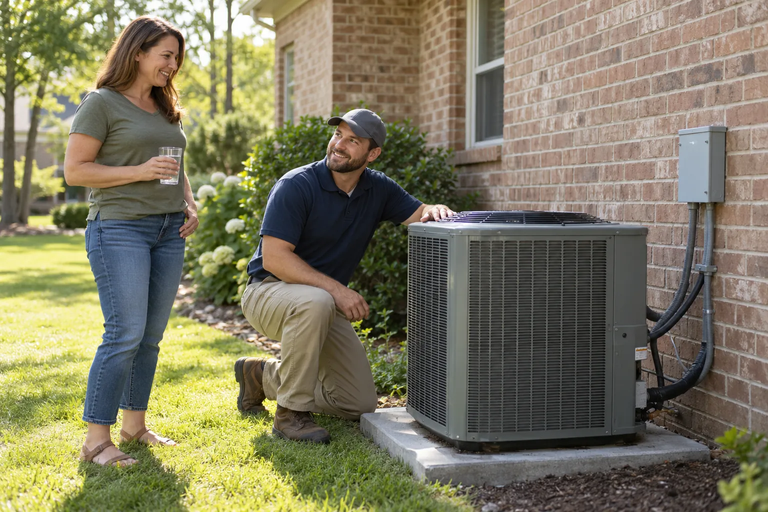 Friendly local provider checking an outdoor air conditioner unit beside a brick home in Sandy Springs while a homeowner looks on